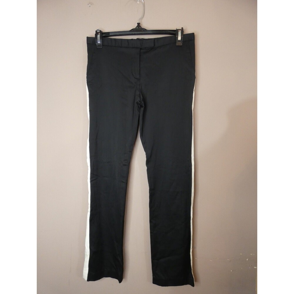 Lia Kes New York Women's 2 Black Satin Straight Leg Pants White Side Detail